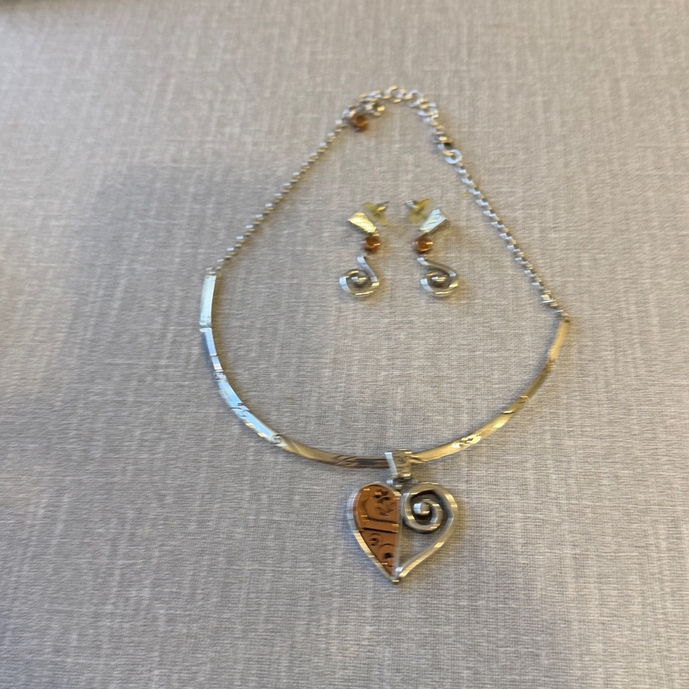 Silver and Brown Brighton Heart Pendant Necklace and Earring Set